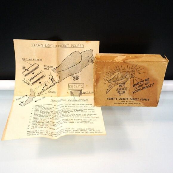 Vintage 1950s Corbys Whiskey 3 Parrot Pourers NOT WORKING Original Box w Manual - Picture 5 of 8